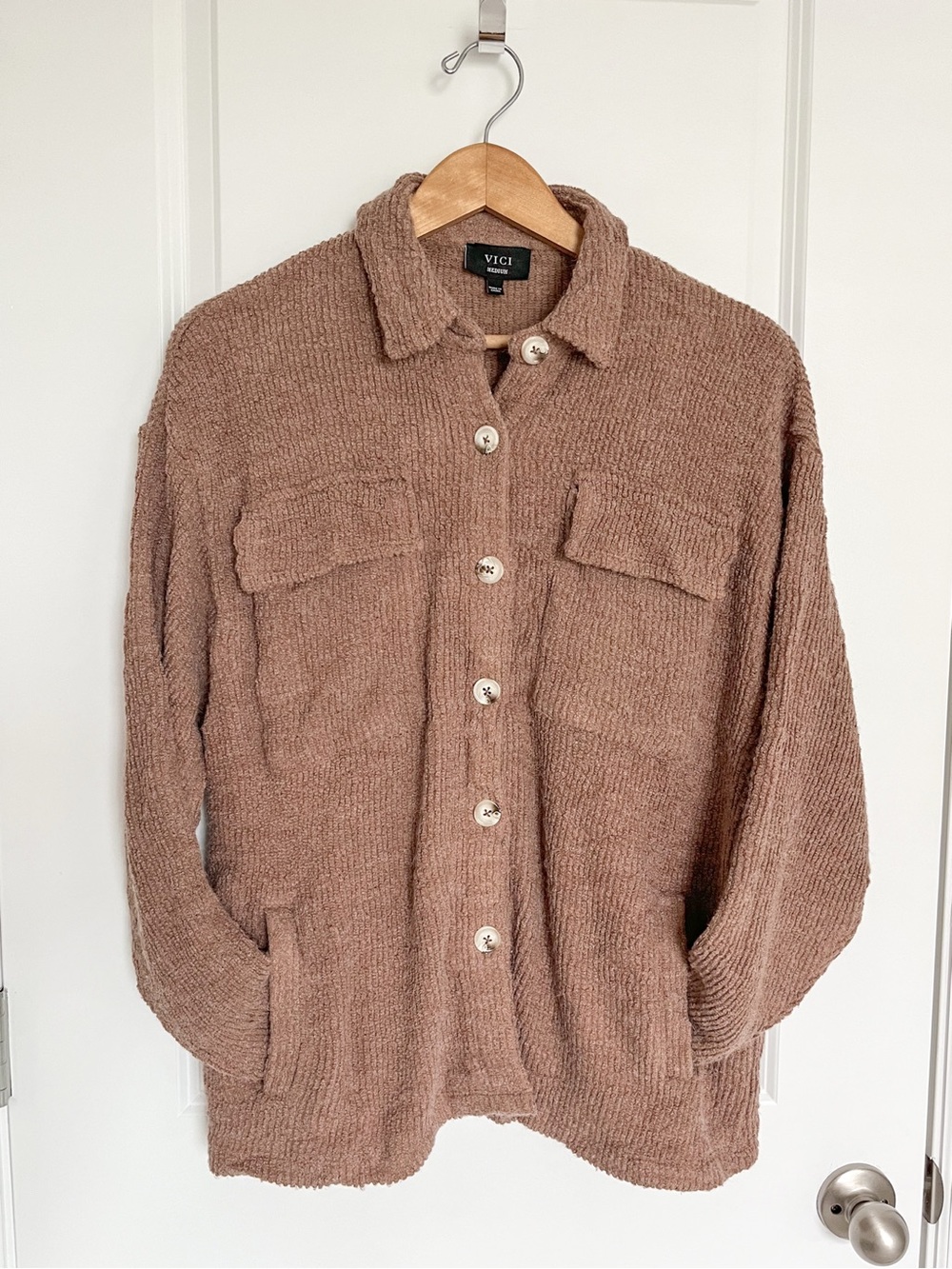 VICI Ribbed Knit Button Down Teddy Shacket